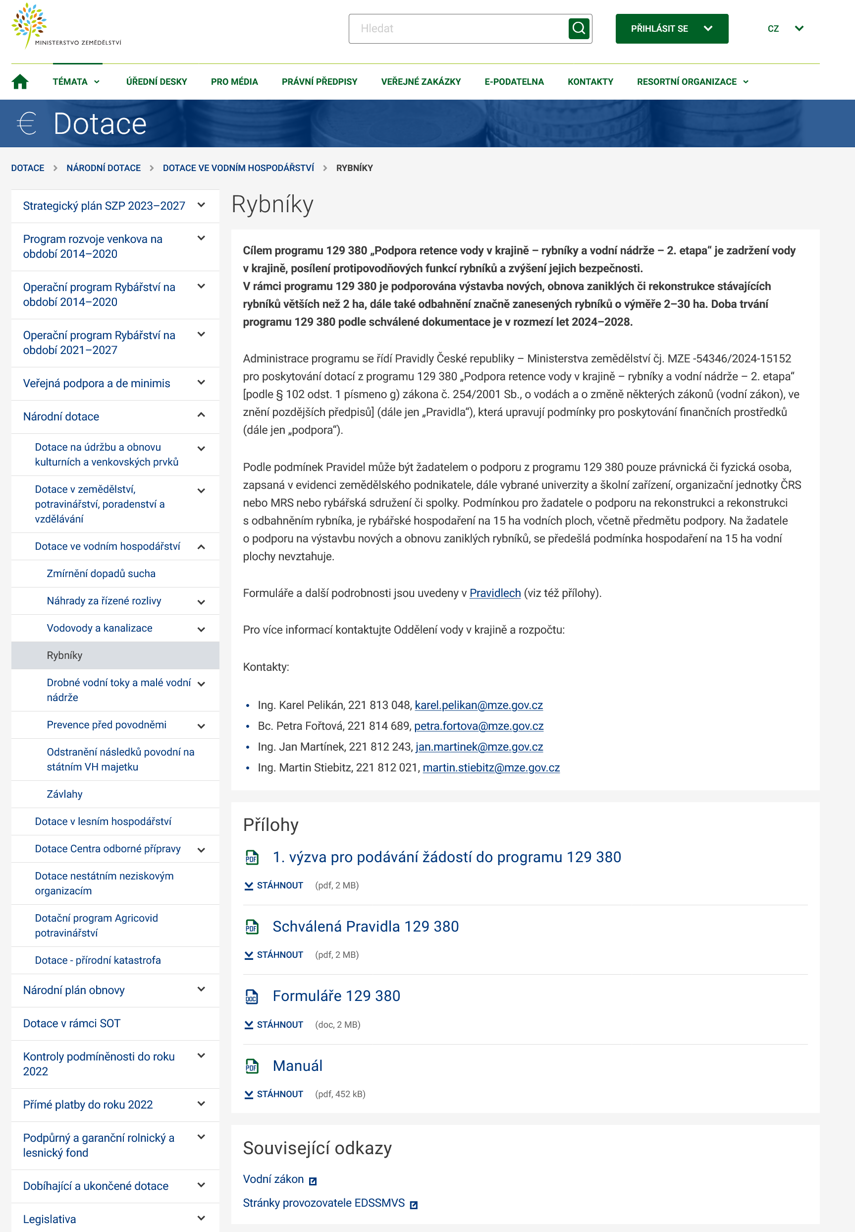 "Podpora retence vody v krajině – rybníky a vodní nádrže" – 1. Výzva